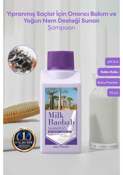 Yıpranmış Saçları Onaran Yoğun Nemlendirici Şampuan Mılk Baobab Original Shampoo Baby Powder 70ml Tüm Saç Tipleri