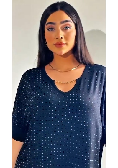Elaxi Zincir Detaylı Taşlı Viskon Bluz Siyah