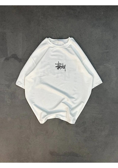 Wear Vexel Erkek Tişört Bisiklet Yaka Baskılı Oversize Kısa Kol T-shirt - Beyaz Çok Renkli