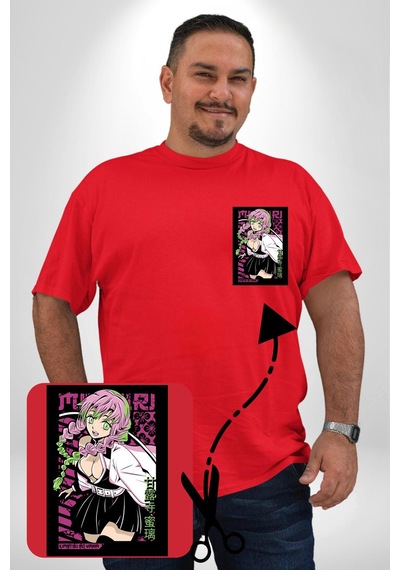 Angemiel Anime Demon Slayer Kimetsu No Yaiba Mitsuri Kanroji Kırmızı Büyük Beden Kadın Basic Minimal Baskılı Tişört Kırmızı