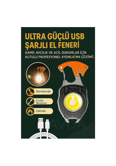 Yeni Nesil Kamp Feneri Çok Fonksiyonlu Fener Anahtarlık Usb Çakmaklı Cam Kırıcı Kemer Kesici Açacak Turuncu - Siyah
