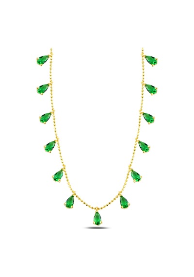 Çekirdekjewelry 925 Ayar Gümüş Rose Kaplama Yeşil Damla Taşlı Zarif Kolye Sarı