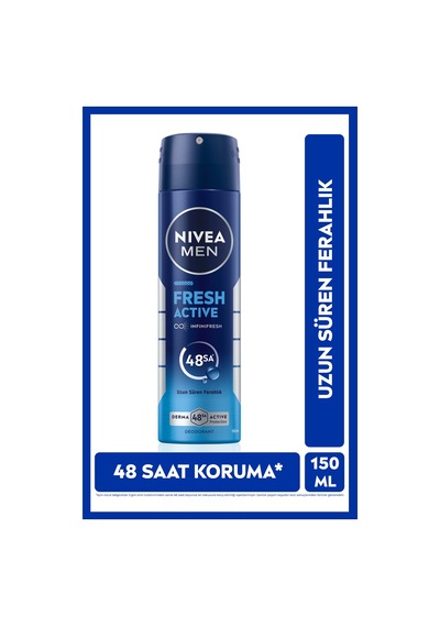 Men Erkek Sprey Deodorant Fresh Active 150ml, Ter Kokusuna Karşı 48 Saat Koruma, Aluminyum İçermez