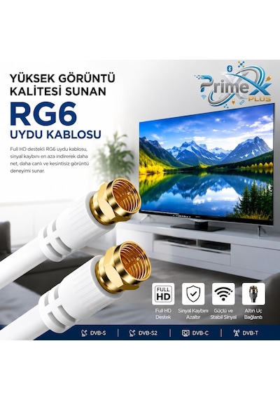 Px-tv1 1 Metre Rg6 Full Hd Tv Uydu Kablosu, Altın Uç Anten Kablosu, Dvb-t, Dvb-c, Dvb-s, Dvb-s2 Beyaz