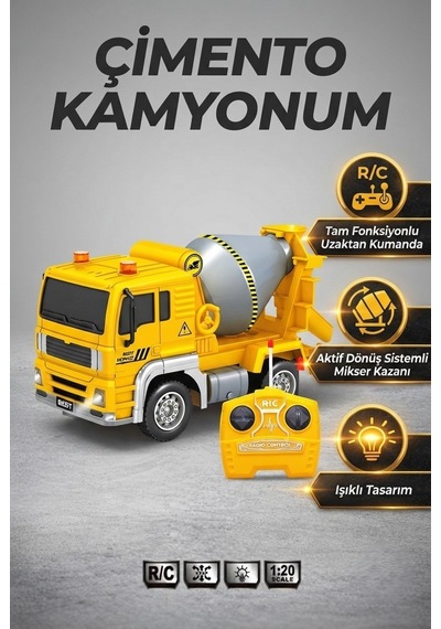 Pilli Işıklı Sesli 1:20 Ölçek Kumandalı Eğitici Çocuk Oyuncak Rc Çimento Kamyonu