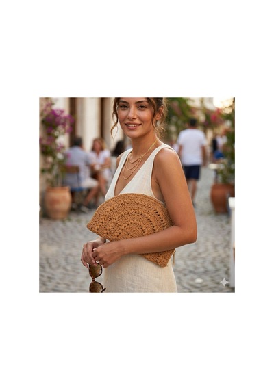 Lento Design El Örgüsü Pamuk Makrome Clutch Çanta Bohem Yarım Ay Tasarım, El Yapımı Şık Portföy Bej