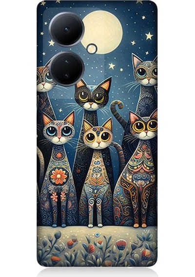 Vivo V29 Lite Uyumlu Ay Altında Kedi Ailesi Desenli Silikon Kılıf Çok Renkli