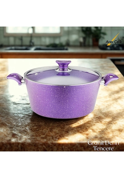 28 Cm Granit Derin Tencere Cam Kapak - Violet Violet