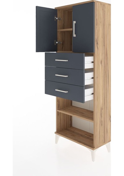Arges Dolap 3 Raflı 3 Çekmeceli 2 Kapaklı 60x30x163 Çam-antrasit Atlas Çam