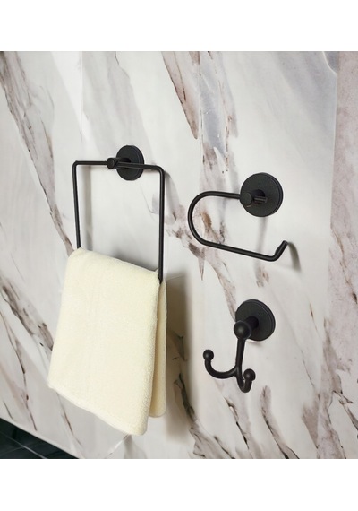 Yapışkanlı Banyo Aksesuar Seti Siyah Kare Havluluk K.tuvalet Kağıtlığı Bornozluk Siyah