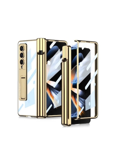 Samsung Uyumlu Galaxy Z Fold 4 Kılıf Zore Kıpta Standlı Kalem Bölmeli Kapak Gold