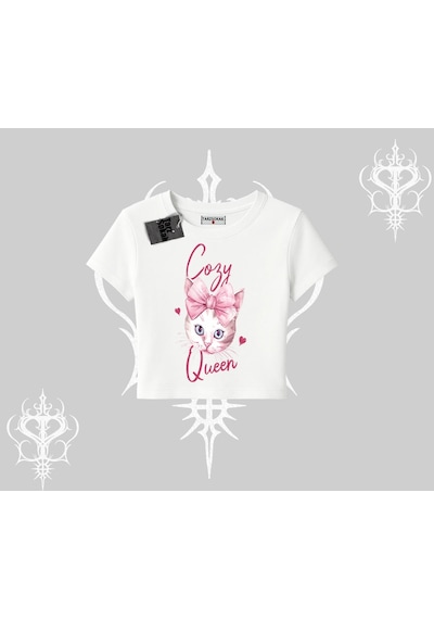 Tarzsokak Cozy Queen Kedi Baskılı Babby Tee Tshirt Beyaz