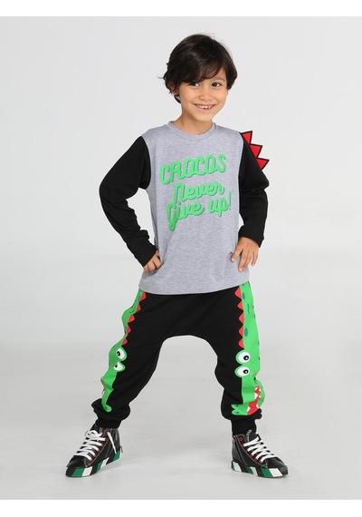 Casabony Crocos Siyah Erkek Çocuk Pantolon+T-Shirt Takım-Gri - Siyah