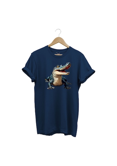Timsah Baskılı %100 Pamuk Regular Fit T-shirt Lacivert