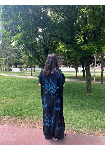 Mavi Denizci Desenli Siyah Salaş Kimono Kaftan Standart Mavi