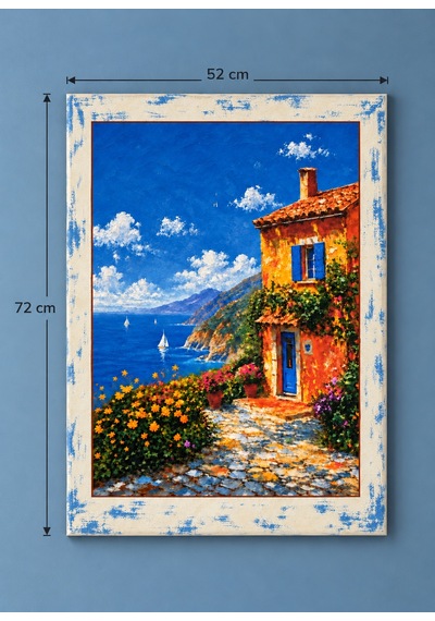 Akdeniz Esintisi Beyaz Eskitme Çerçeve Desenli Deniz Manzaralı Dekoratif Ahşap Tablo 52 X 72 Cm