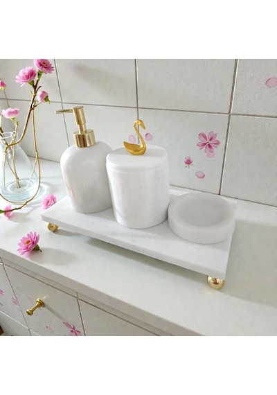 Mermer Banyo Seti Gold 4'lü Set Beyaz