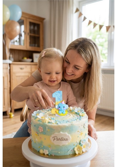 Sevimli Fil Figürlü Mavi-sarı Rakam Mum Doğum Günü Pasta Süsü
