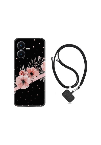 Vivo Y22S Kılıf İpli Boyun Askılı Desenli Silikon Siyah Şerit Mermer 1298