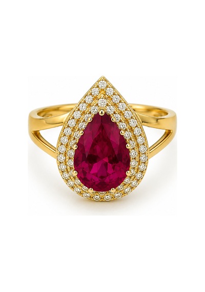 Yazıcılar - 14 Ayar Ruby Queen Damla Taşlı Altın Yüzük