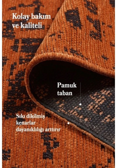 Bohem Tarz Geometrik Desenli Pamuk Taban Turuncu Renk Şönil Kilim