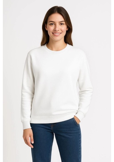 Kadın 3 İplik Pamuklu Düz Bisiklet Yaka Sweatshirt - Beyaz