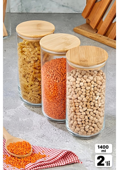 Tilbe Home 2 Adet Vakumlu Bambu Kapaklı Cam Kavanoz 1400ml Baharatlık Bakliyat Gıda Saklama Kabı Org ŞEffaf