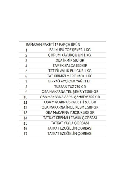 Ramazan Paketi Kumanya Yardım Gıda Erzak Kolisi 17 Parça Ürün Ekonomik Paket