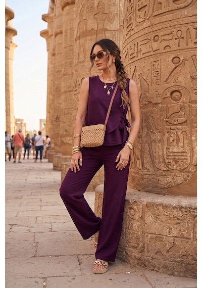 Lela Regular Fit Bağlama Detaylı Bisiklet Yaka Takım Bayan Takım 5866466 Mürdüm