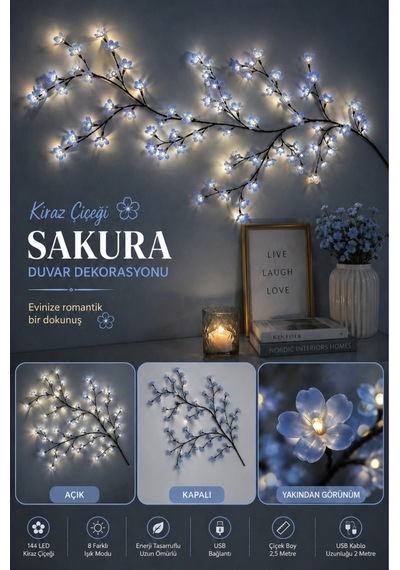 Kiraz Çiçeği Sakura Led Duvar Dekoru 144 Led Ağaç Dalı Işık, 8 Mod, Kumandalı Mavi