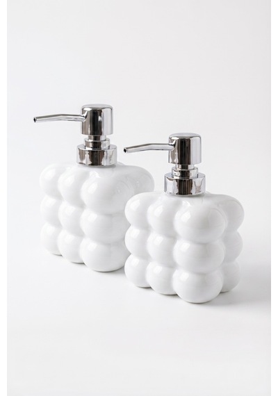 Buççin Online Mağaza 2 Adet Bubble Cam Sıvı Sabunluk, 300 Ml + 300 Ml - Beyaz, 9,5x6,5x15 Cm Cam Beyaz Çok Renkli