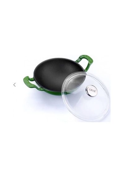 LAVA DÖKÜM WOK TAVA METAL KULPLU CAM KAPAKLI ÇAP(Ø)16CM. YEŞİL