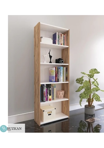 Buzkan % 100 mdf 5 Raflı Beyaz-Ceviz Kitaplık