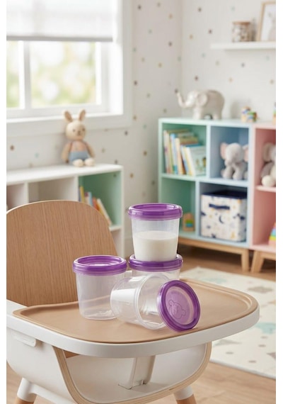 Vivart 4 Lü 180 Ml Anne Bebek Süt ve Mama Bebek Organik Besin Ölçekli Sızdırmaz Kapaklı Saklama Kabı Mor