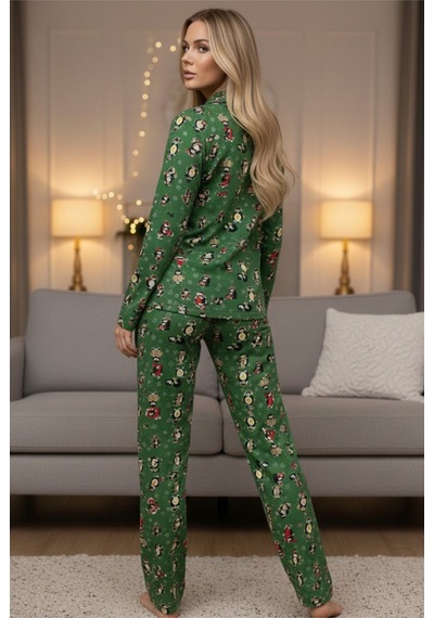 Siyah İnci Örme Düğmeli Pijama Takımı 7602 Yeşil Penguen