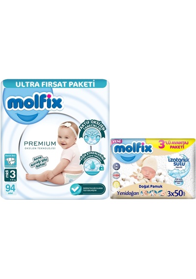 Molfix Premium Bebek Bezi Beden:4 7-14kg Maxi 94 Adet +3 Adet Islak Mendil