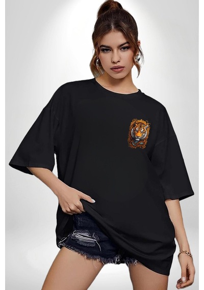 Kaplan Süs Siyah Oversize Unisex Ön Sol Yan Minimal Baskılı Tişört Koyu Siyah