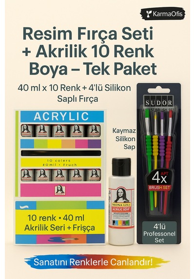 Silikon Saplı 4 Lü Fırça Seti + Akrilik Boya 10 Renk X 40 Ml Resim Ve Hobi Boyama Seti Çok Renkli