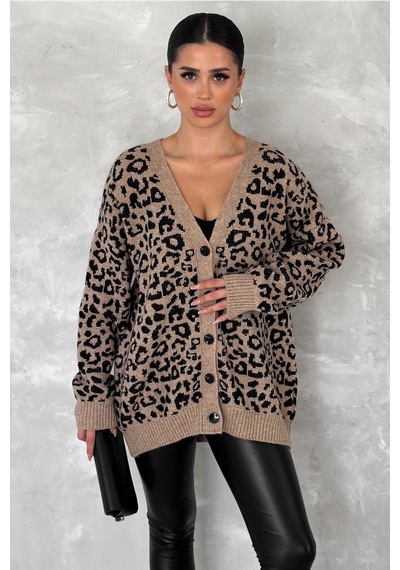 Femelle Kadın Kahverengi Leopar Desen Oversize Triko Hırka