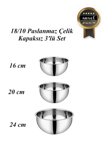 304 Paslanmaz Çelik 3 Lü Çırpma & Karıştırma Kasesi Seti 18/10, Derin, Kapaksız Gümüş