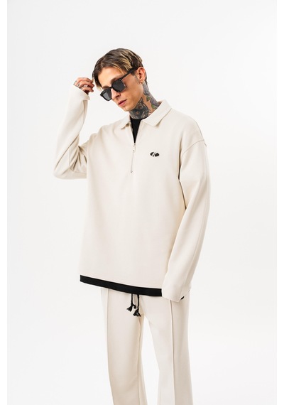 Respire Erkek Yarım Fermuarlı Modal Sweatshirt Ekru