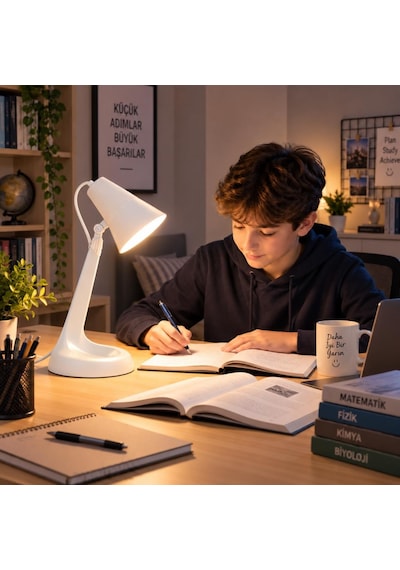 Hareketli Başlıklı Beyaz Masa Lambası E14 Duy, 3000k Sarı Işık Led Buji Ampul Hediyeli, 2 Metre Kablolu, Abs Plastik Çalışma Ve Ders Lambası