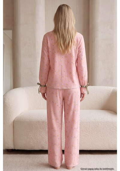 Siyah İnci Desenli Bürümcük-krınkıl Kurdele Detaylı Düğmeli Hırka Pijama Takım 26223921 Somon Çiçek