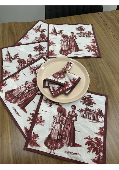 Toile De Jouy Paris Amerikan Servis 6 Lı Set 30x30 Cm %100 Pamuk Dijital Baskılı Klasik Fransız Tarzı Masa Dekoru - Zt720 Kırmızı