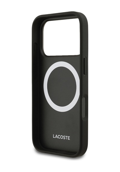 Apple Uyumlu iPhone 18 Pro Kılıf Lacoste Lisanslı M-safe Şarj Özellikli Pu Pike Desenli Metal Logolu Kapak Siyah
