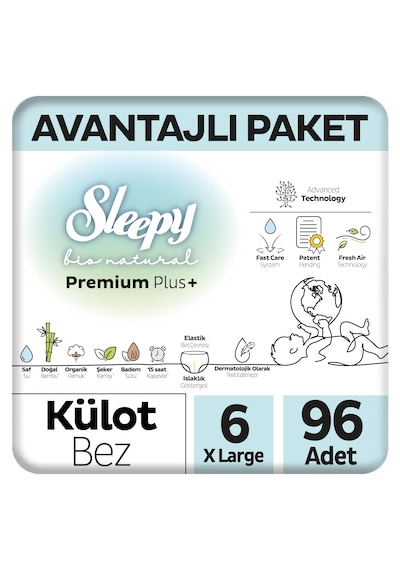 Sleepy Bio Natural Premium Plus Avantajlı Paket Külot Bez 6 Numara Xlarge 96 Adet