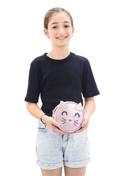 İcone Bag Yuvarlak Kedi Kafası Tasarımlı Kız Çocuk Omuz Çantası Suni Kız Çocuk Çantası Pudra