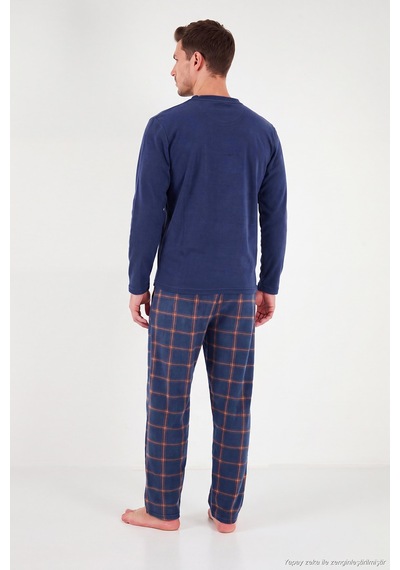 Buratti Ekoseli Düğmeli Bisiklet Yaka Yumuşak Polar Pijama Takımı Erkek Pijama Takımı 6097019 İndigo