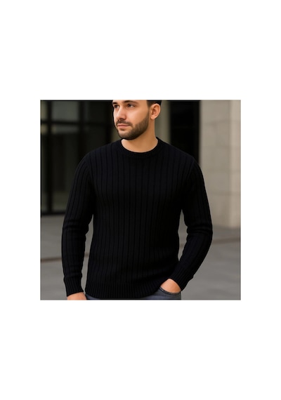 Erkek Fitilli Triko Kazak 2 Li Set Siyah Saks Mavisi Kalın Dokuma Pamuklu Regular Fit