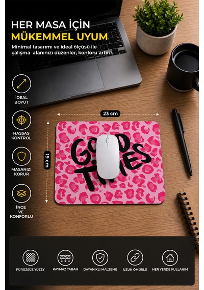 Leopar Desenli Good Times Ergonomik Mouse Pad Kaymaz Tabanlı, Renkli Ve Konforlu Tasarım Pembe